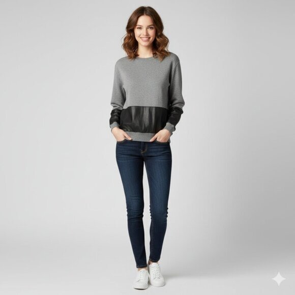 Aritzia Wilfred Free Sweater Faux Leather Panel Pullover Gray Black Size XS - Picture 3 of 10